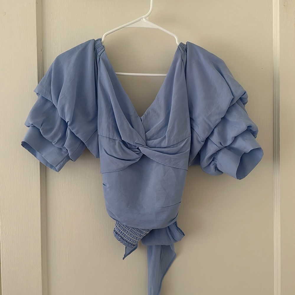 Blue tie back blouse